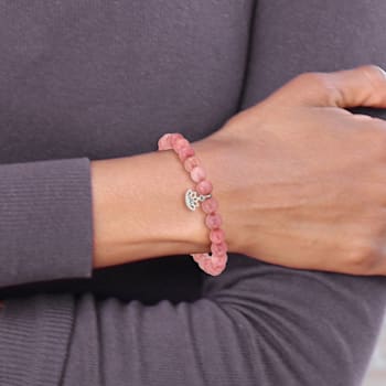 Stainless Steel Polished Lotus Pink Jade Beaded Stretch Bracelet