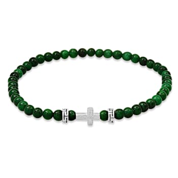 Green Agate Cross Charm Beaded Stretch Bracelet In Sterling Silver