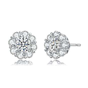 Flower CZ Stud Earrings In Sterling Silver