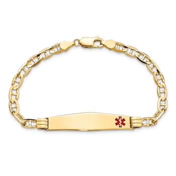 14k Yellow Gold Medical Soft Diamond Shape Red Enamel Mariner Link ID Bracelet