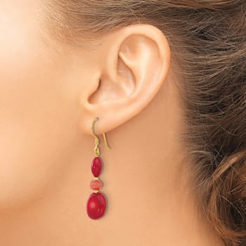 14K Gold Over Sterling Silver Coral and Jadeite Dangle Earrings