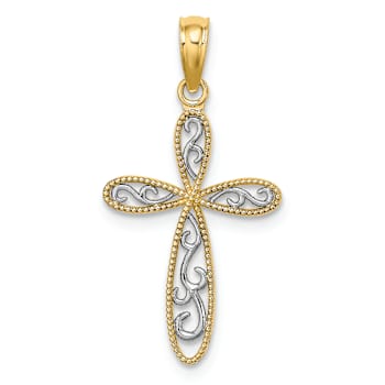 14k Yellow Gold and Rhodium Over 14k Yellow Gold Textured Filigree and
Milgrain Cross Pendant