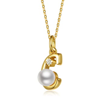Initial C White Pearl And Pear Shape CZ Pendant Necklace In 14K Gold
Over Brass
