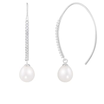 7-8mm white cultured freshwater pearl rhodium over sterling silver earrings