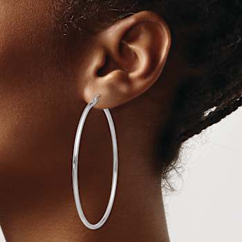 Rhodium Over 14k White Gold Polished 2 3/8" Tube Hoop Earrings
