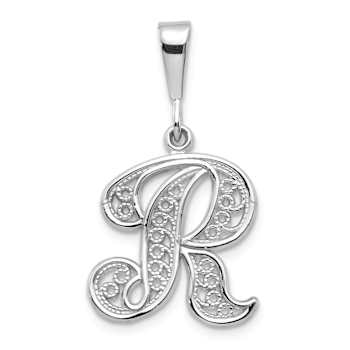 Rhodium Over 14k White Gold Solid Polished Script Filigree Textured
Letter R Initial Pendant