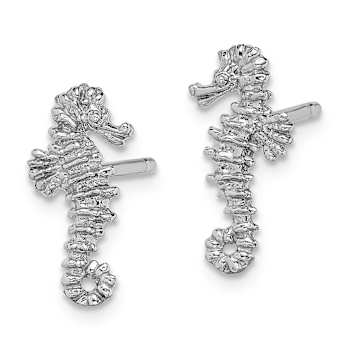 Rhodium Over 14k White Gold Textured Mini Seahorse Stud Earrings