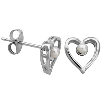 2.5-3mm White Cultured Freshwater Pearl Rhodium Over Silver Heart Earrings