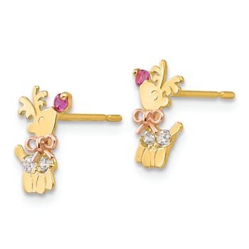 14K Yellow and Rose Gold Cubic Zirconia Children's Reindeer Post Earrings