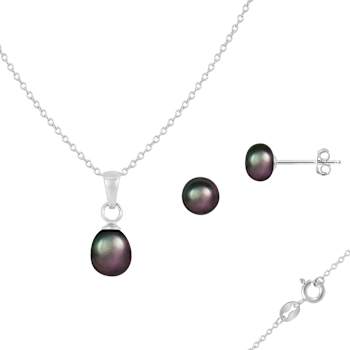 6.5-7mm Button/Drop Black Freshwater Pearl Rhodium Over Sterling Earring
and Pendant W/Chain Set