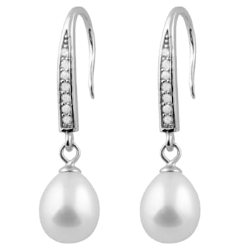 7-8mm White Cultured Freshwater Pearl and Cubic Zirconia Rhodium Over
Sterling Silver Earrings