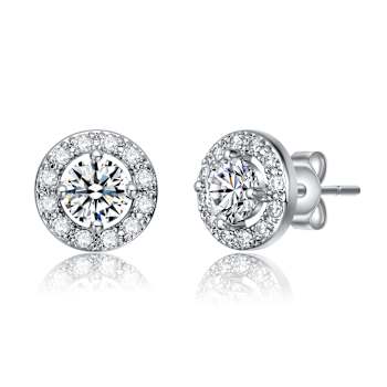 CZ Halo Stud Earrings In White Rhodium Over Brass