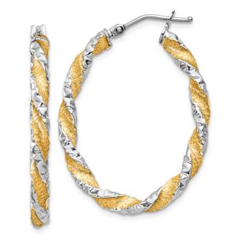 14k White Gold and Yellow Rhodium Over 14k White Gold 3/4"
Diamond-Cut Twisted Oval Hoop Earrings