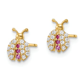 14K Yellow Gold Clear and Red Cubic Zirconia Lady Bug Post Earrings