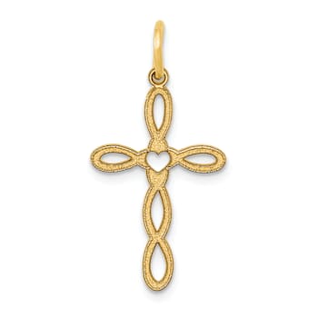 14k Yellow Gold Satin Loop with Center Heart Cross Pendant