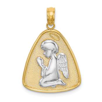 14k Two-tone Gold Angel Praying with Halo On Triangle Disc Pendant