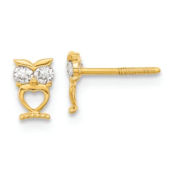 14K Yellow Gold Children's Owl with Cubic Zirconia Stone Eyes Stud Earrings