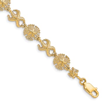 14k Yellow Gold Textured Starfish and Sand Dollar Bracelet
