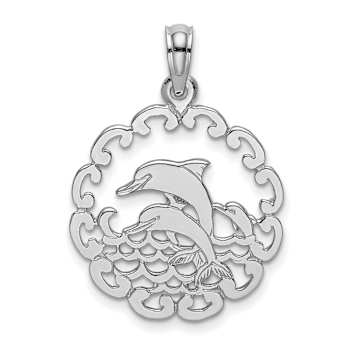 Rhodium Over 14k White Gold Cut-Out Jumping Dolphins in Circle Pendant