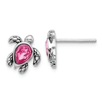 Rhodium Over Sterling Silver Antiqued Crystal October Birthstone Turtle Earrings