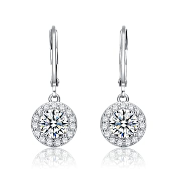 CZ Halo Drop Earrings In White Rhodium Over Brass