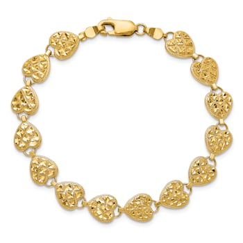 14k Yellow Gold Polished, Textured and Diamond-Cut Hearts Link Bracelet