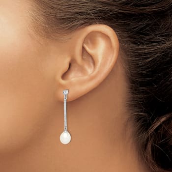 Rhodium Over Sterling Silver 8-9mm White Rice Freshwater Cultured Pearl
CZ Earrings
