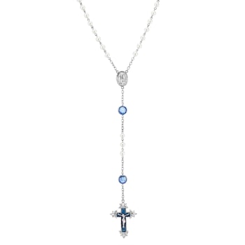 Symbols Of Faith Silver Tone Base Metal Simulated Pearl Blue Crystal and
Blue Enamel Rosary
