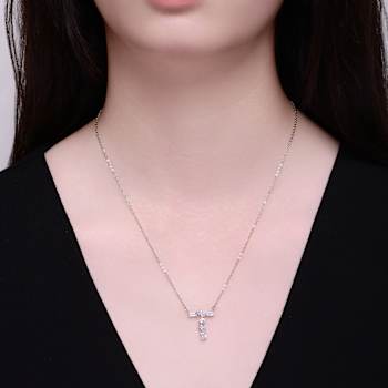 Initial T Mixed Cut CZ Pendant Necklace In Sterling Silver 18 Inch