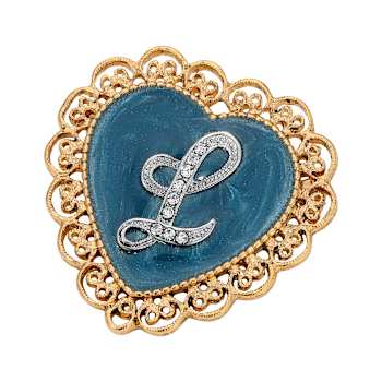 Gold Tone Filigree Heart Blue Enamel Initial Pin