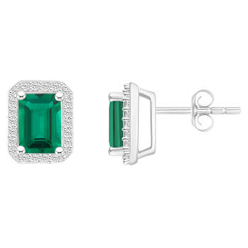 7x5mm Emerald Cut Created Emerald And Created White Sapphire 10k White
Gold Halo Stud Earrings