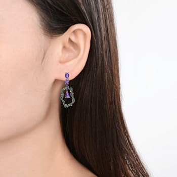 Amethyst and Green Nanocrystal Black Rhodium Over Sterling Silver Earrings