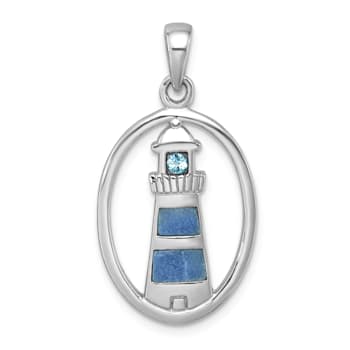 Rhodium Over Sterling Silver Oval Adventurine and Cubic Zirconia
Lighthouse Pendant