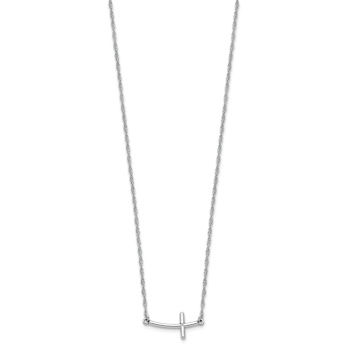 Rhodium Over Sterling Silver Small Sideways Curved Cross Necklace