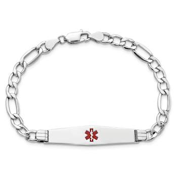 Rhodium Over 14k White Gold Medical Soft Diamond Shape Red Enamel Figaro
ID Bracelet