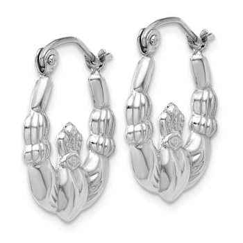 Rhodium Over 14k White Gold 3/8" Textured Claddagh Hoop Earrings