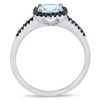 Aquamarine and Black Diamond 10K White Gold Halo Ring 0.99ctw