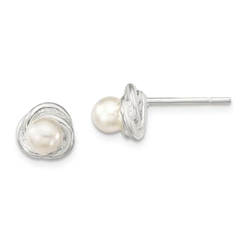 Rhodium Over Sterling Silver Polished Freshwater Cultured Pearl Post Earrings
