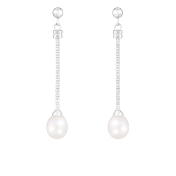 White Cultured Freshwater Pearl Rhodium Over Sterling Silver 7-8mm Drop Earrings