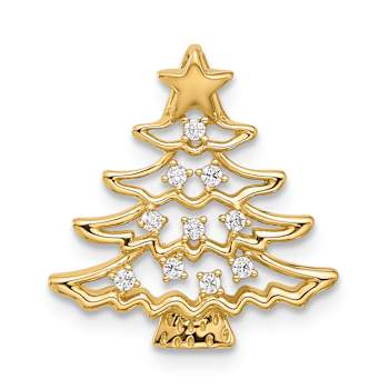 14k Yellow Gold Polished Cubic Zirconia Christmas Tree Chain Slide Pendant