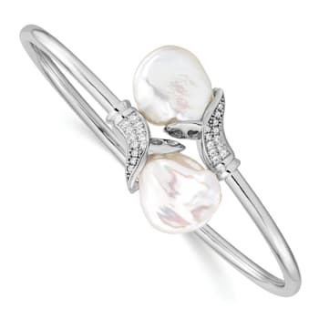 Rhodium Over Sterling Silver 16-17mm White Keshi Freshwater Cultured
Pearl CZ Flexible Bangle