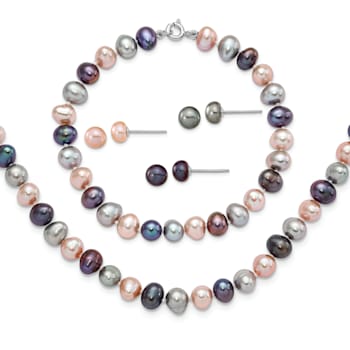 Rhodium Over Sterling Silver Multi-color Freshwater Pearl
Necklace/Bracelet/Earring Set