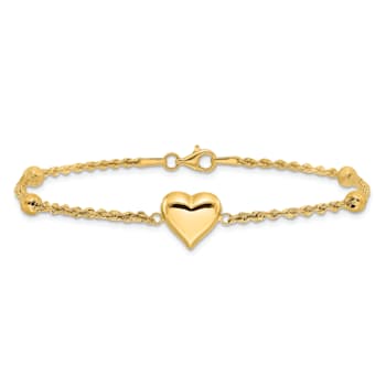 14k Yellow Gold Polished and Diamond-Cut Beaded Puffed Heart Bracelet
