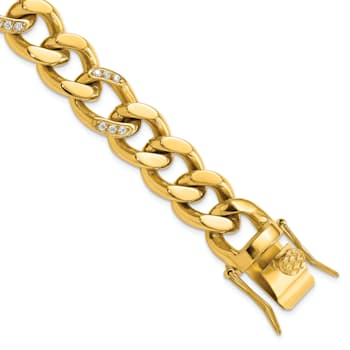 White Cubic Zirconia Stainless Steel Polished Yellow IP Plated Men's Bracelet