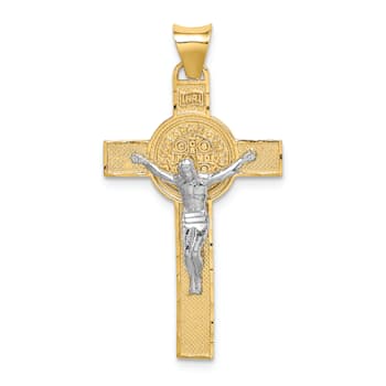 14K Yellow and White Gold St. Benedict Medal Crucifix Cross Pendant