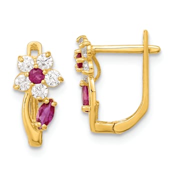 14K Yellow Gold Red and Clear Cubic Zirconia Flower Hinged Earrings