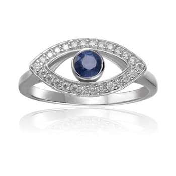 Blue Sapphire with Moissanite Accents Rhodium Over Sterling Silver Evil
Eye Halo Ring