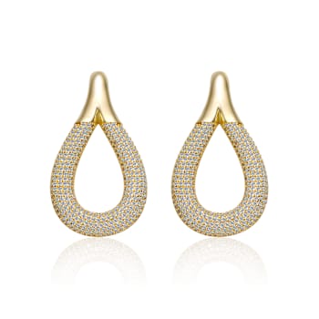 CZ Pave Raindrop Front-Facing Mini-Hoop Earrings In 14K Gold Over Brass