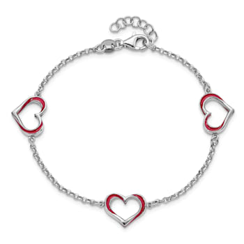 Sterling Silver Rhodium-plated Red Enamel 3-Heart with 0.5 Inch
Extension Bracelet