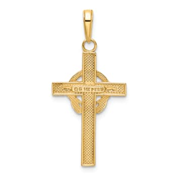 14K Yellow Gold Green Enamel Claddagh Cross Pendant